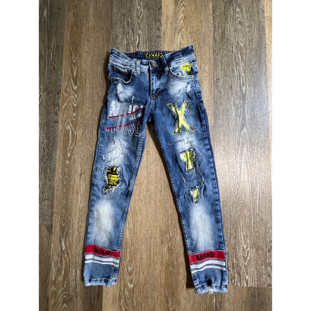 Xway Distressed Graphic Jeans Kids 9/10 Blue Streetwear Patchwork Denim